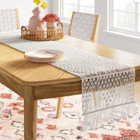 Opal House Cream Macrame Fringed Table Runner (14" x 72”) - Picture 1 of 6
